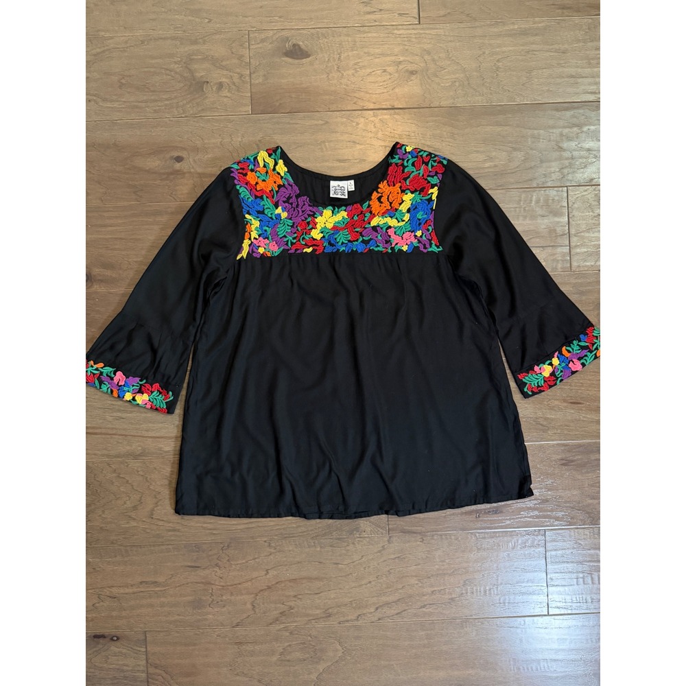 Parsley & Sage Black‎ Embroidered Floral 3/4 Bell Sleeve Rayon Blouse Large